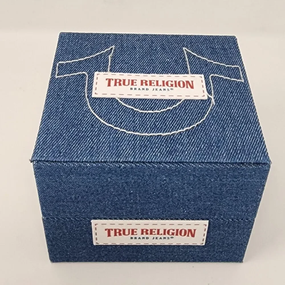 True Religion Watch Blue Dial Gold Bezel Two Tone Mens Analog Bracelet Boxed